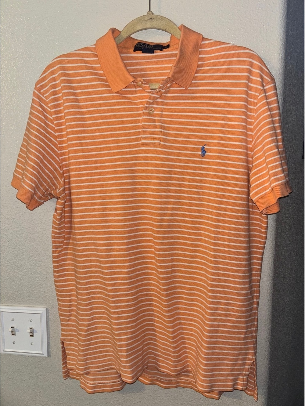 Polo Ralph Lauren Men Orange White Striped Polo Shirt Short Sleeve Size L